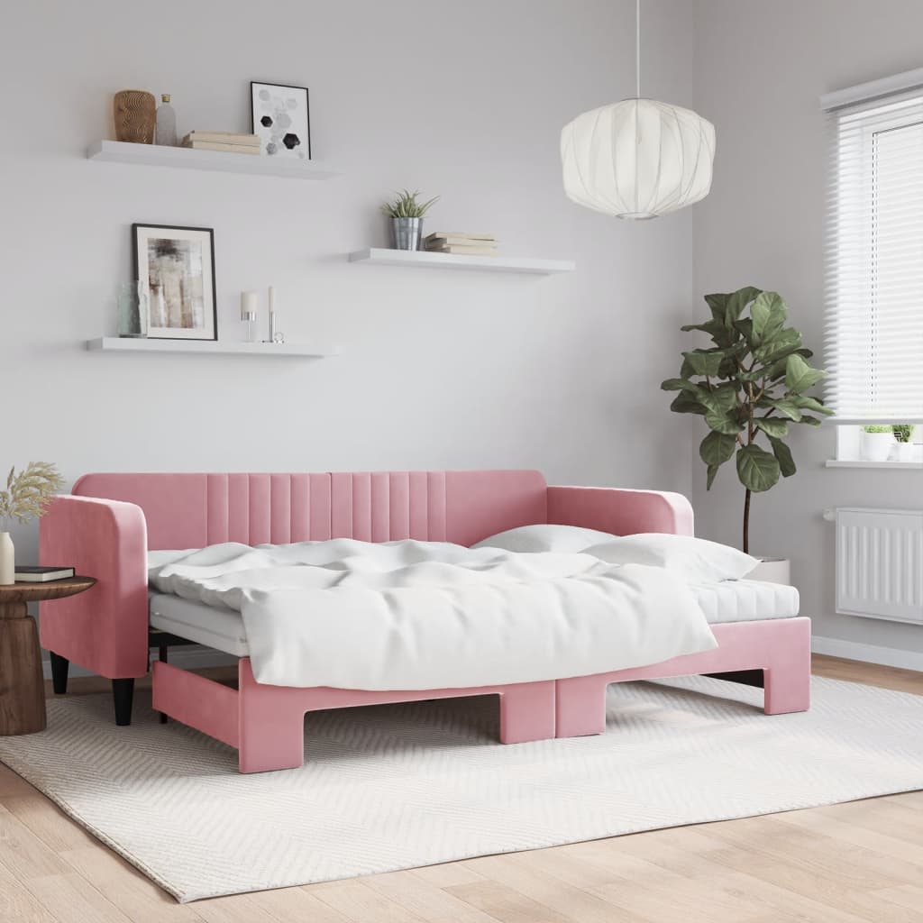 Vetonek Sofá cama nido con colchón terciopelo rosa 80x200 cm