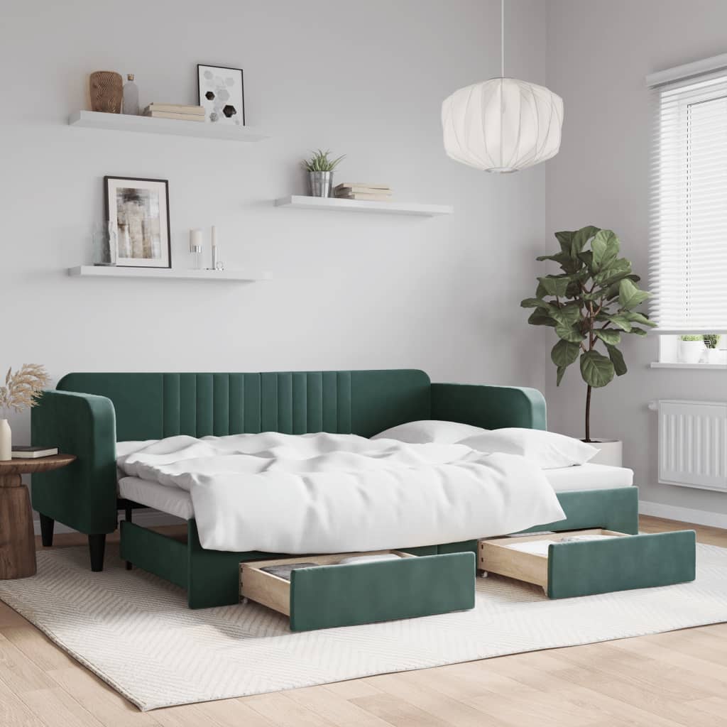 Vetonek Sofá cama nido con cajones terciopelo verde oscuro 80x200 cm