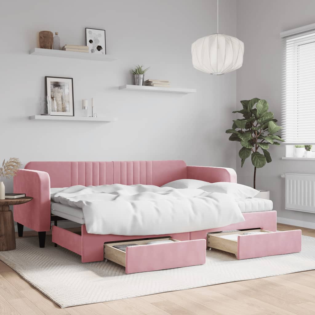 Vetonek Sofá cama nido con cajones terciopelo rosa 80x200 cm