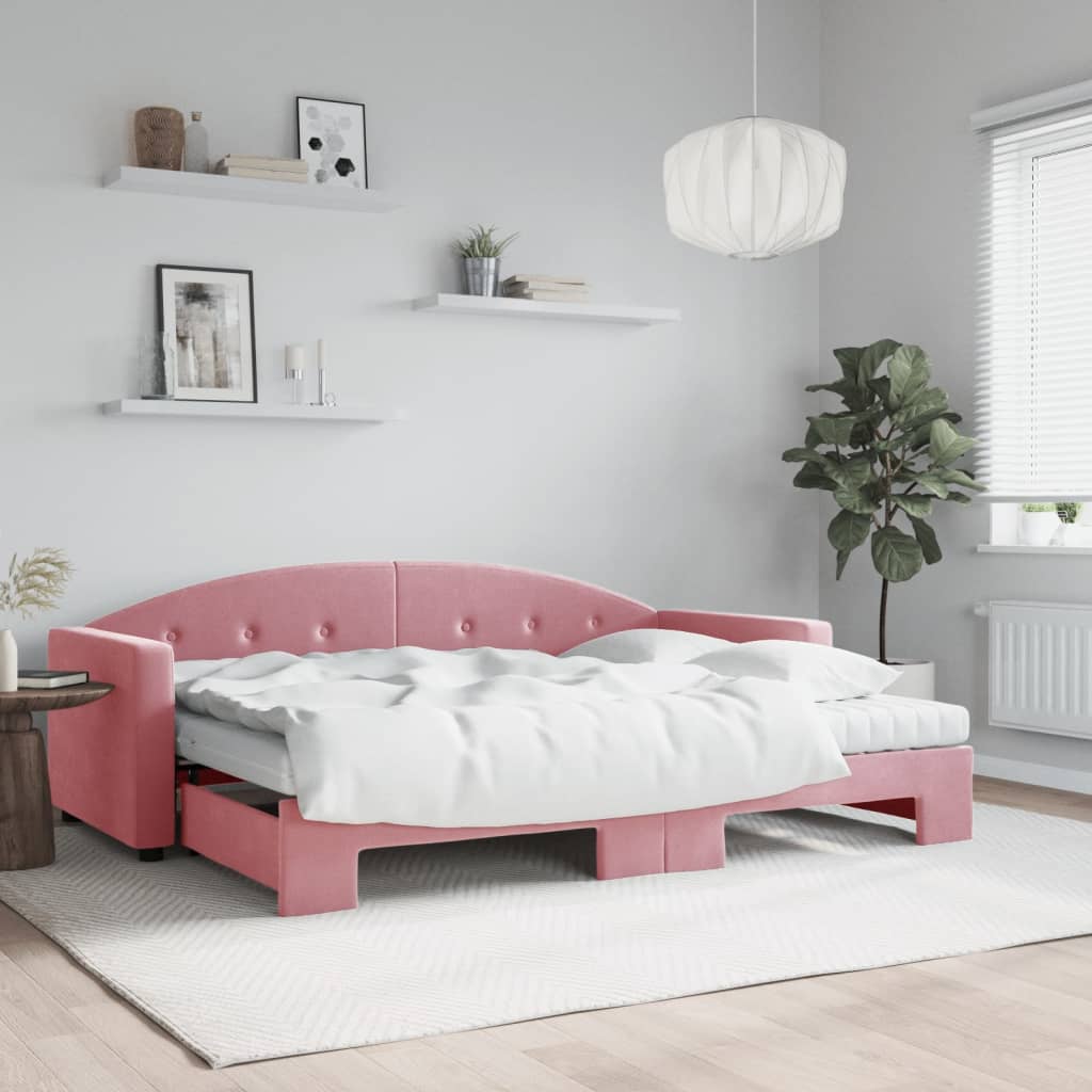 Vetonek Sofá cama nido con colchón terciopelo rosa 80x200 cm