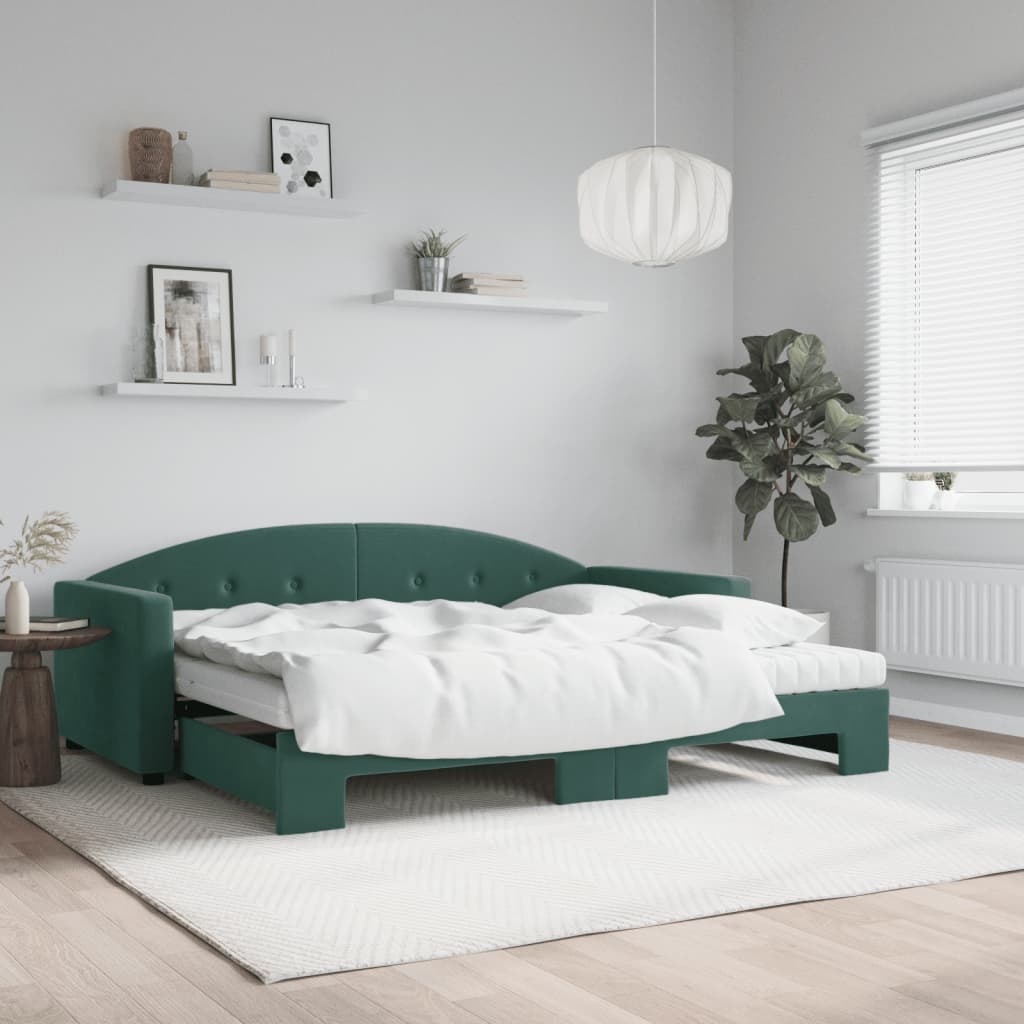 Vetonek Sofá cama nido con colchón terciopelo verde oscuro 90x200 cm