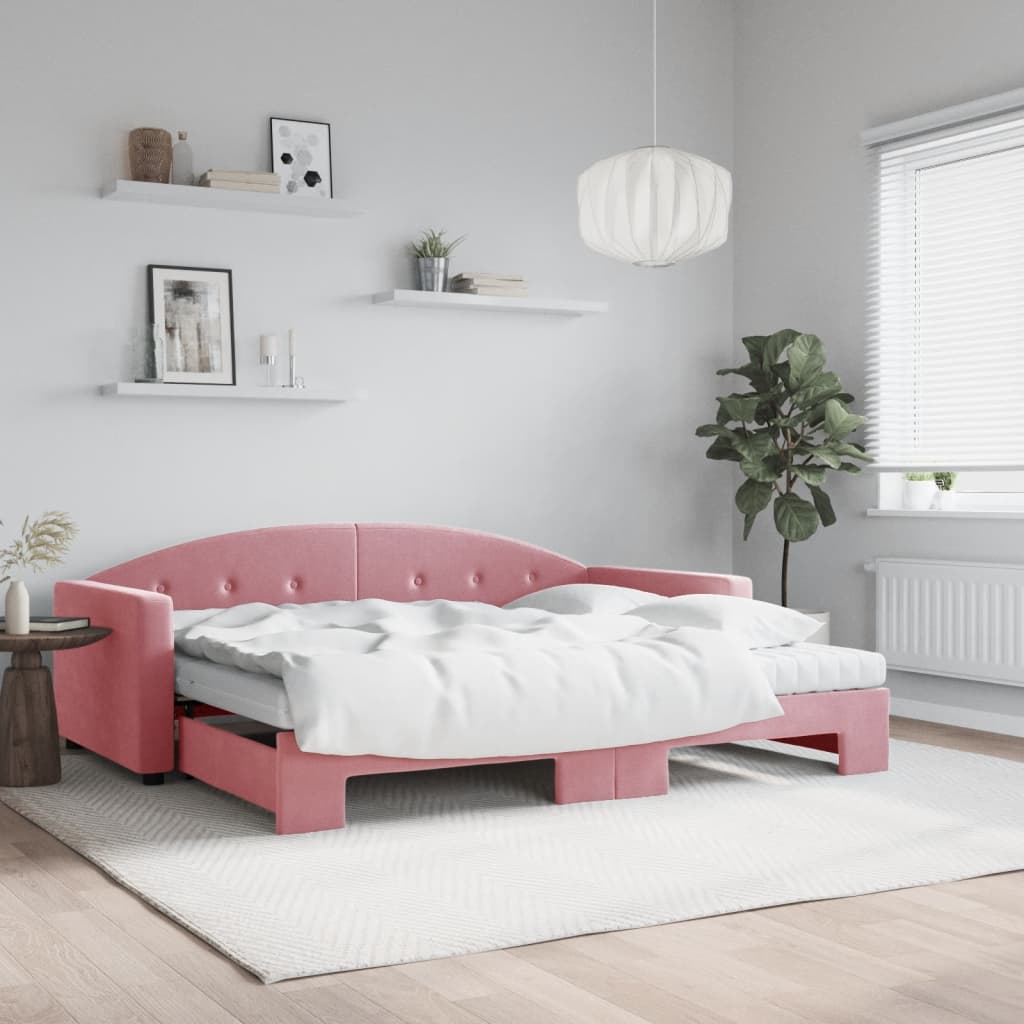 Vetonek Sofá cama nido con colchón terciopelo rosa 90x200 cm