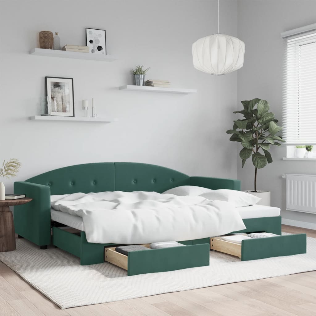 Vetonek Sofá cama nido con cajones terciopelo verde oscuro 80x200 cm