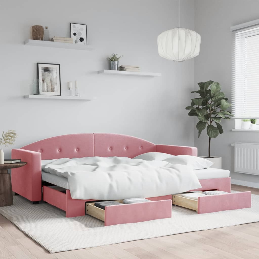 Vetonek Sofá cama nido con cajones terciopelo rosa 80x200 cm