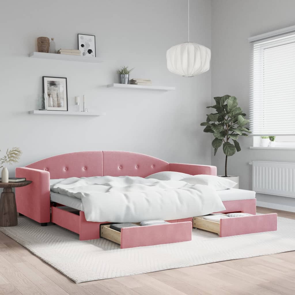 Vetonek Sofá cama nido con cajones terciopelo rosa 90x200 cm