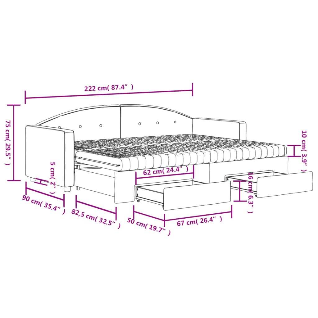 Sofa -Nestbett mit dunkelgrünen Samtschubladen 80x200 cm