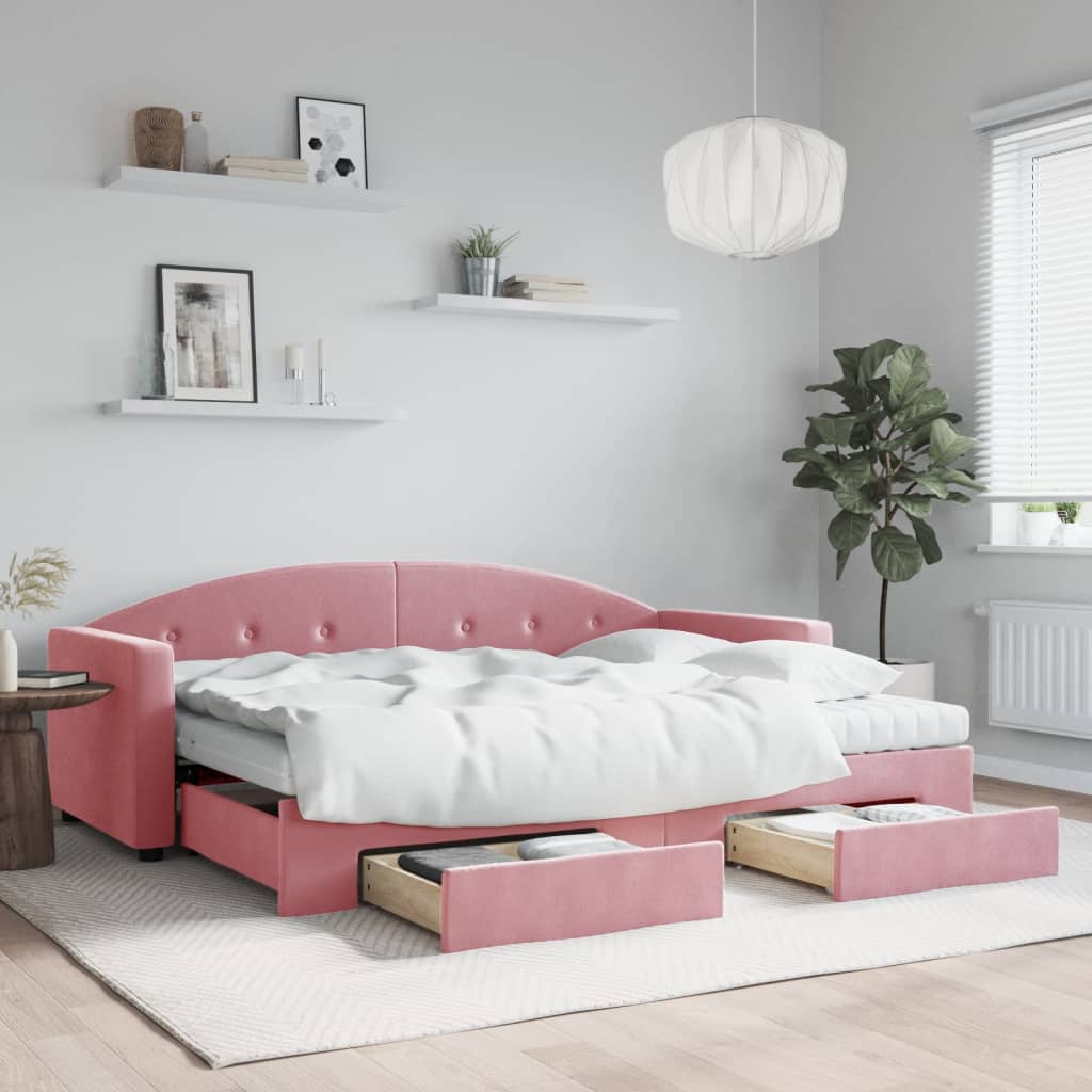 Vetonek Sofá cama nido con cajones terciopelo rosa 80x200 cm