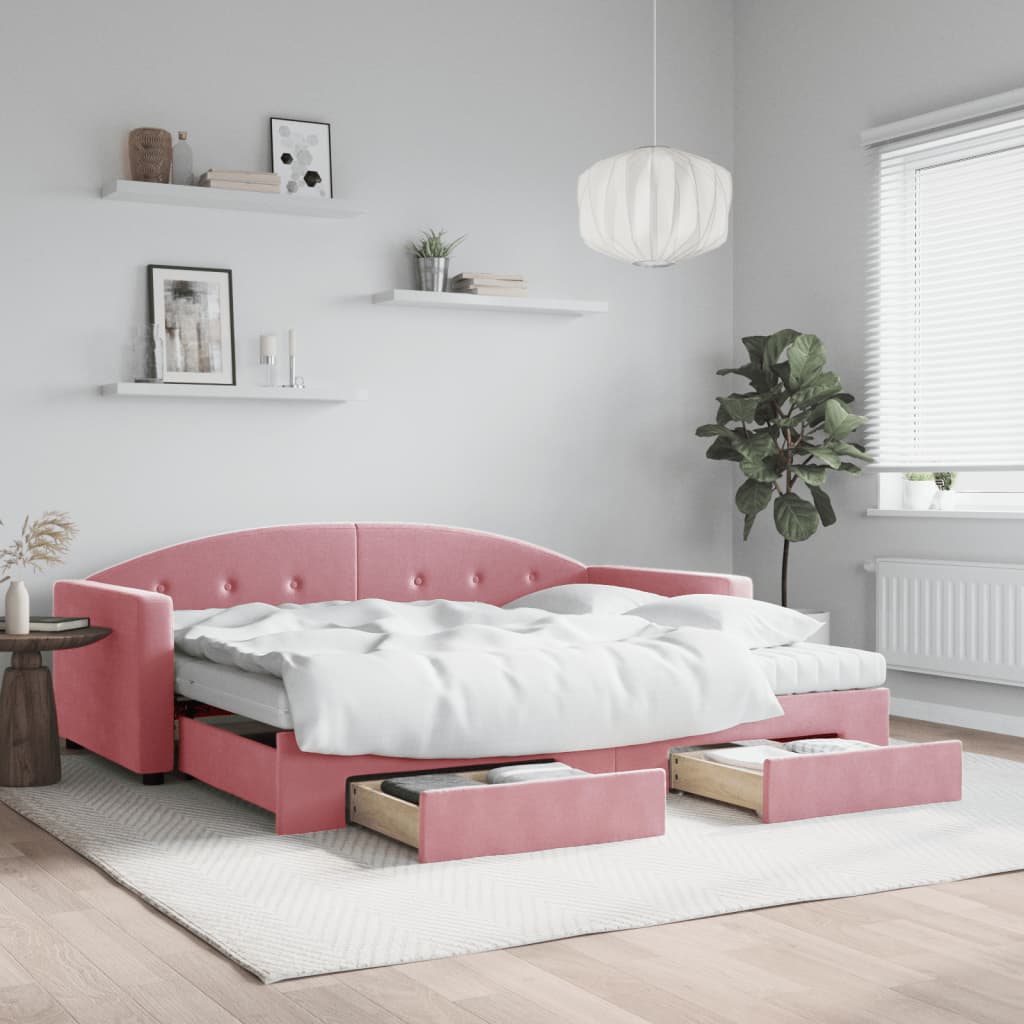 Vetonek Sofá cama nido con cajones terciopelo rosa 90x200 cm