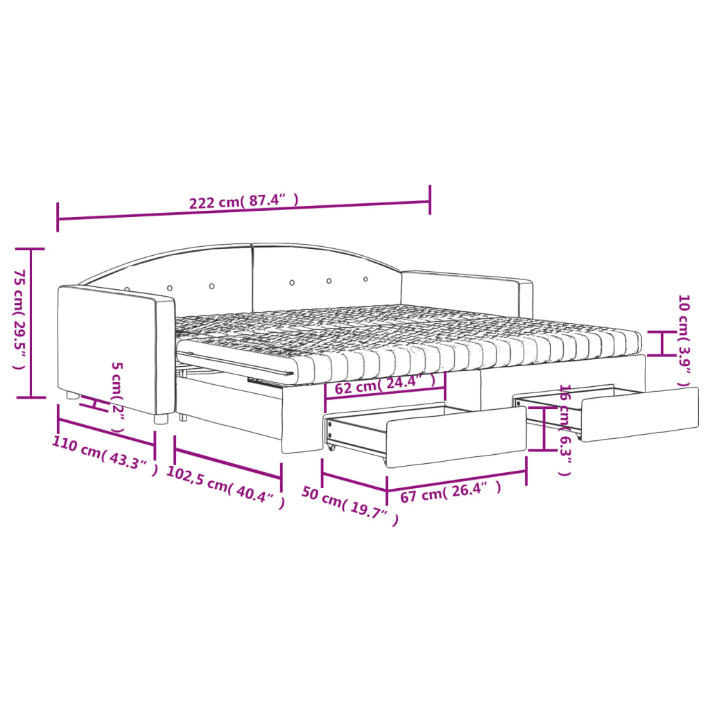 Sofa nest bed with light gray velvet drawers 100x200 cm