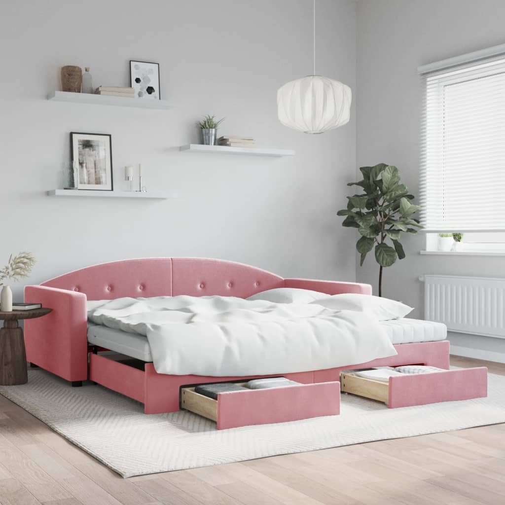 Vetonek Sofá cama nido con cajones terciopelo rosa 100x200 cm