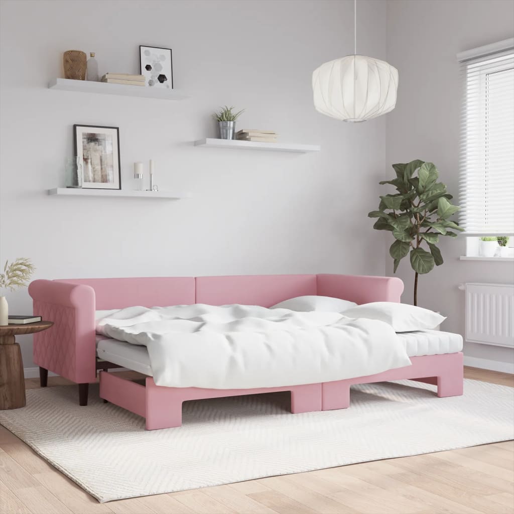 Vetonek Sofá cama nido con colchón terciopelo rosa 80x200 cm