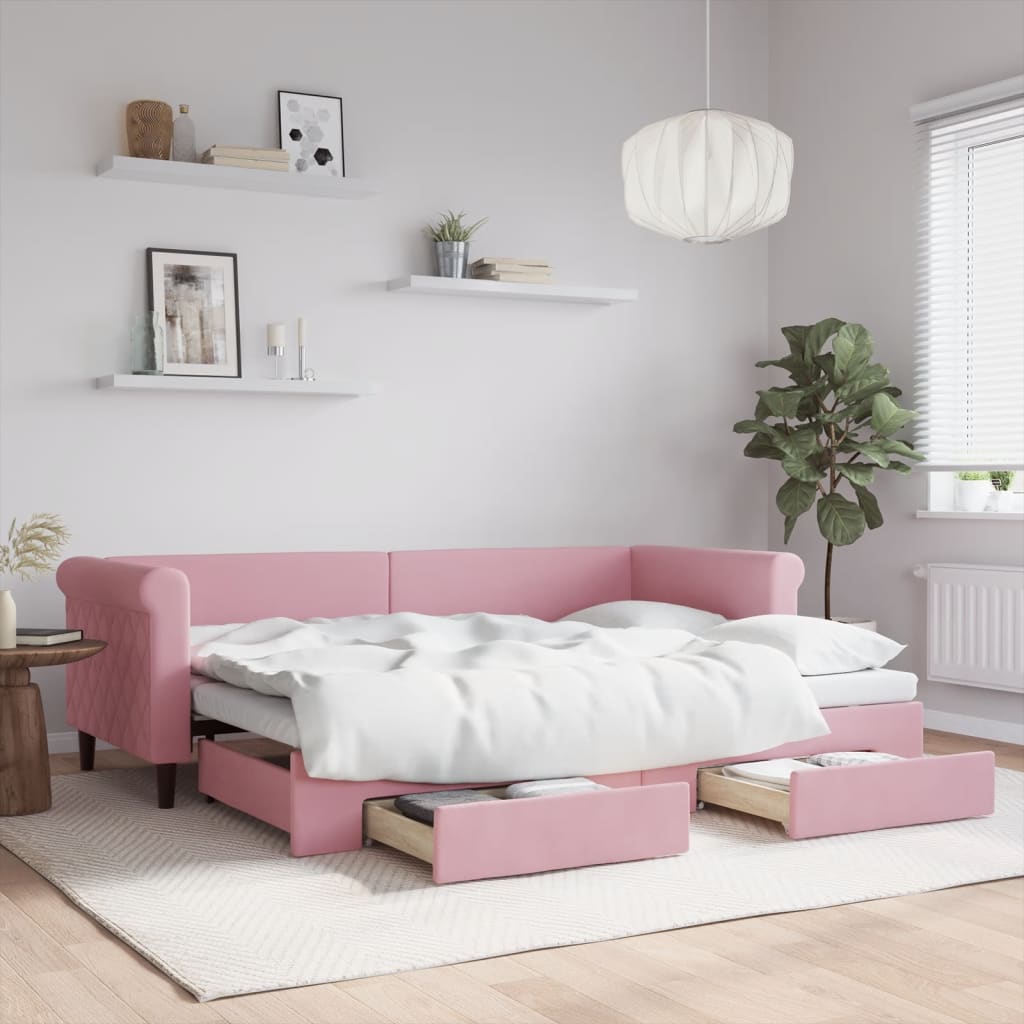 Vetonek Sofá cama nido con cajones terciopelo rosa 80x200 cm