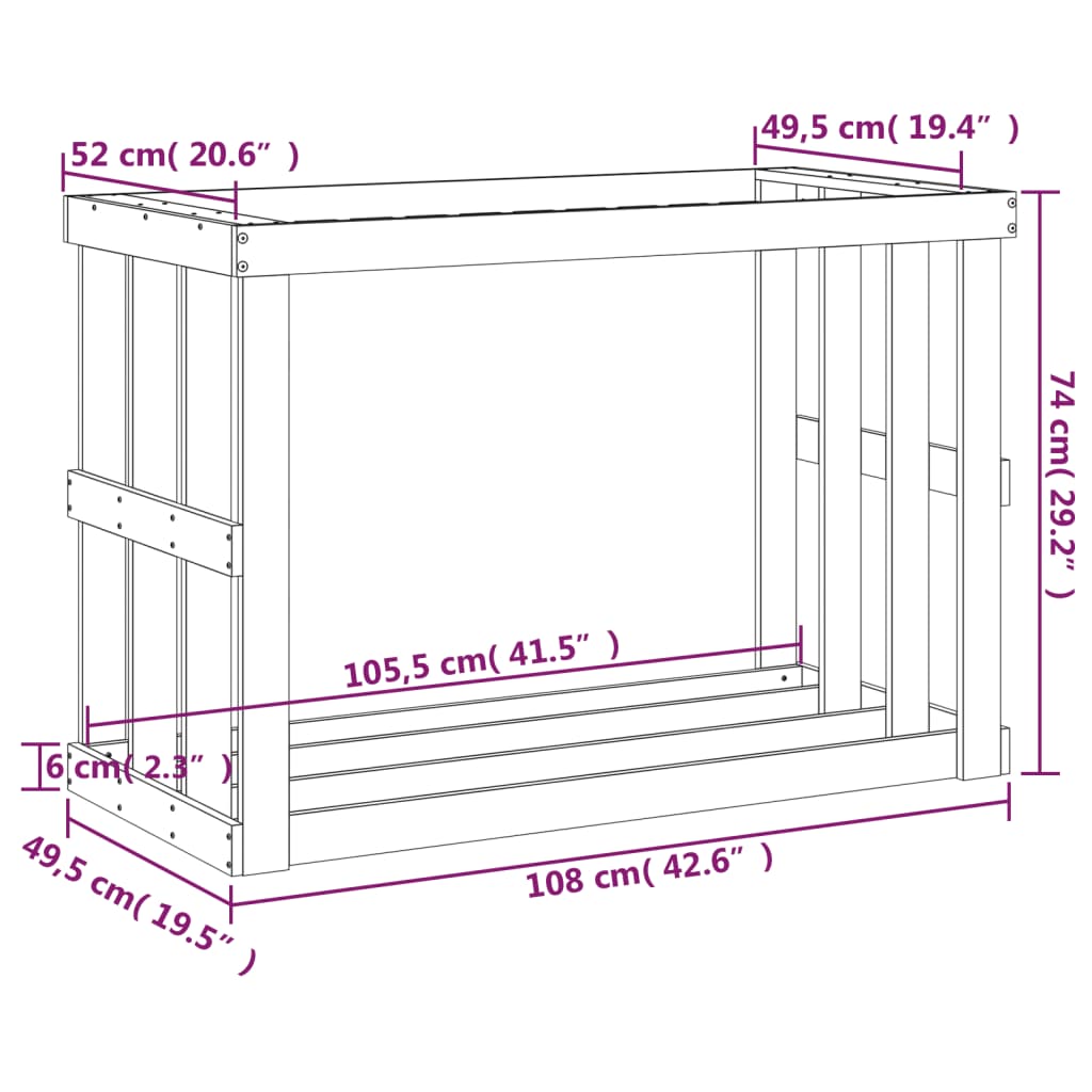 Soporte leña de exterior madera pino marrón miel 108x52x74 cm