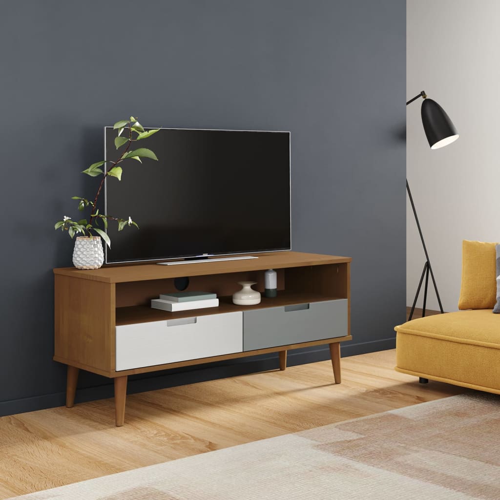 Vetonek Mueble de TV MOLDE madera maciza de pino marrón 106x40x49 cm