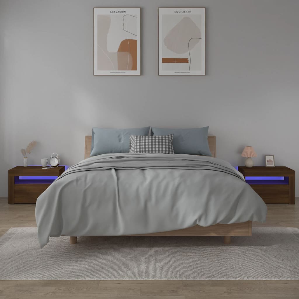 Modern bedroom featuring brown LED nightstands, light blue bedding, and minimalist wall art.