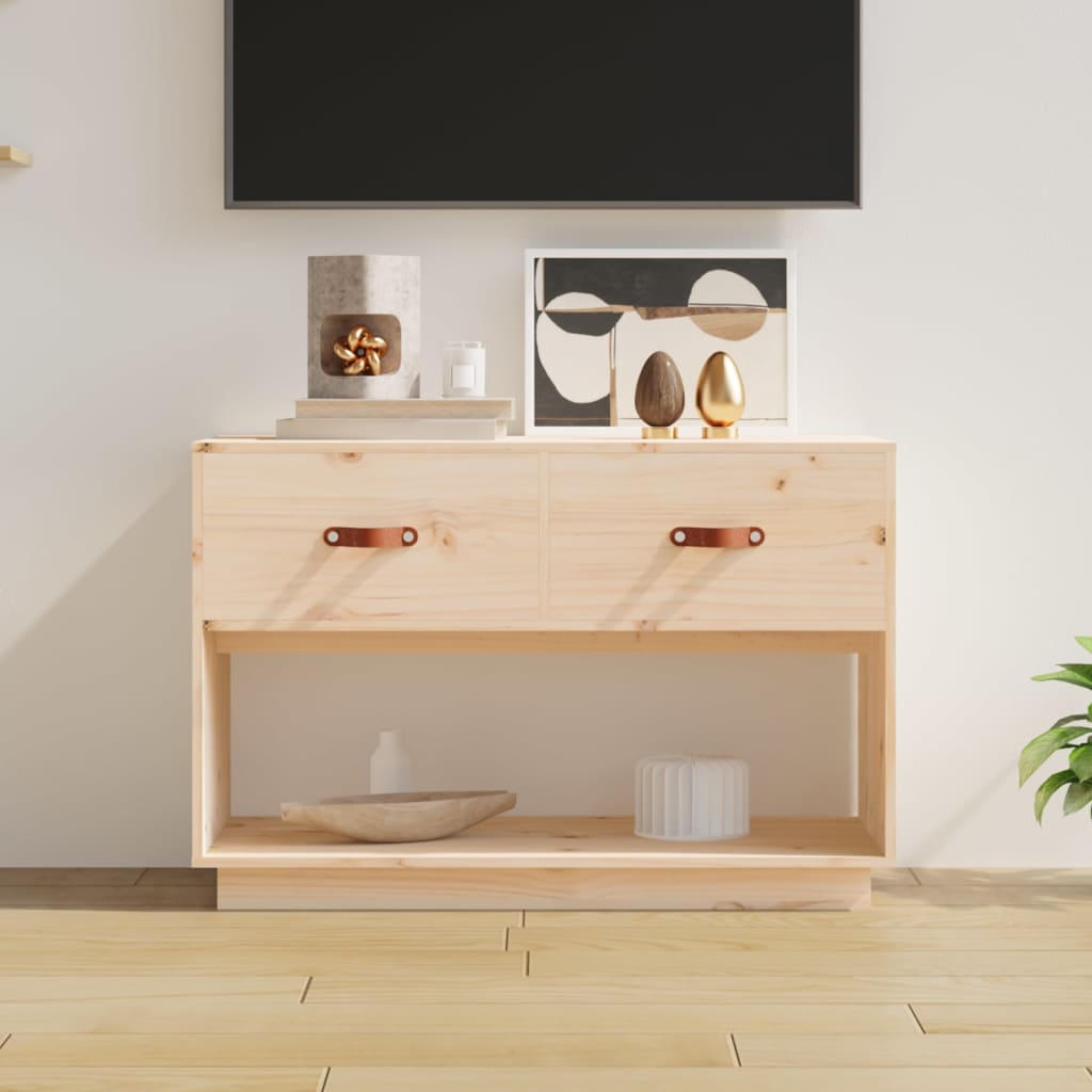 Mueble de TV de madera de pino claro con dos cajones y espacio abierto, decorado con accesorios modernos sobre un fondo minimalista.