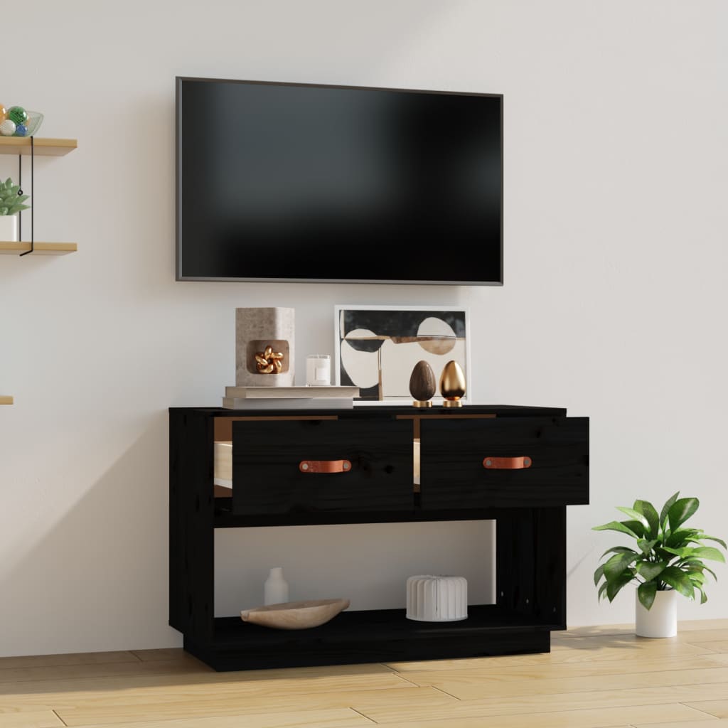 Mueble de TV madera maciza de pino negro 90x40x60 cm