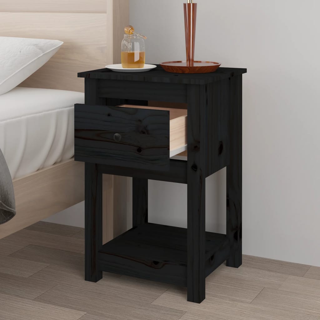 Mesita de noche madera maciza de pino negro 40x35x61,5 cm