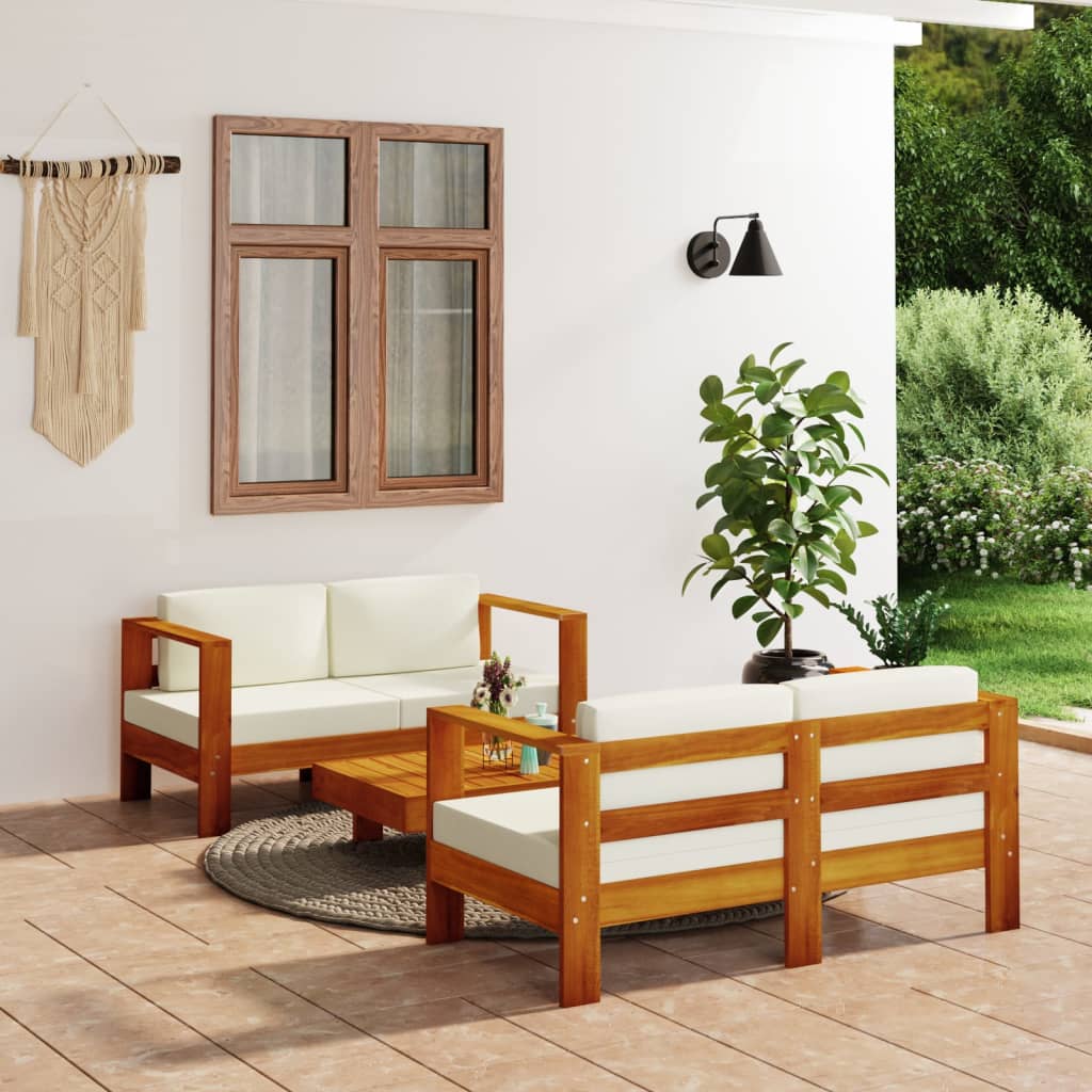 Vetonek Muebles de jardín madera maciza 3 pzas con cojines blanco crema