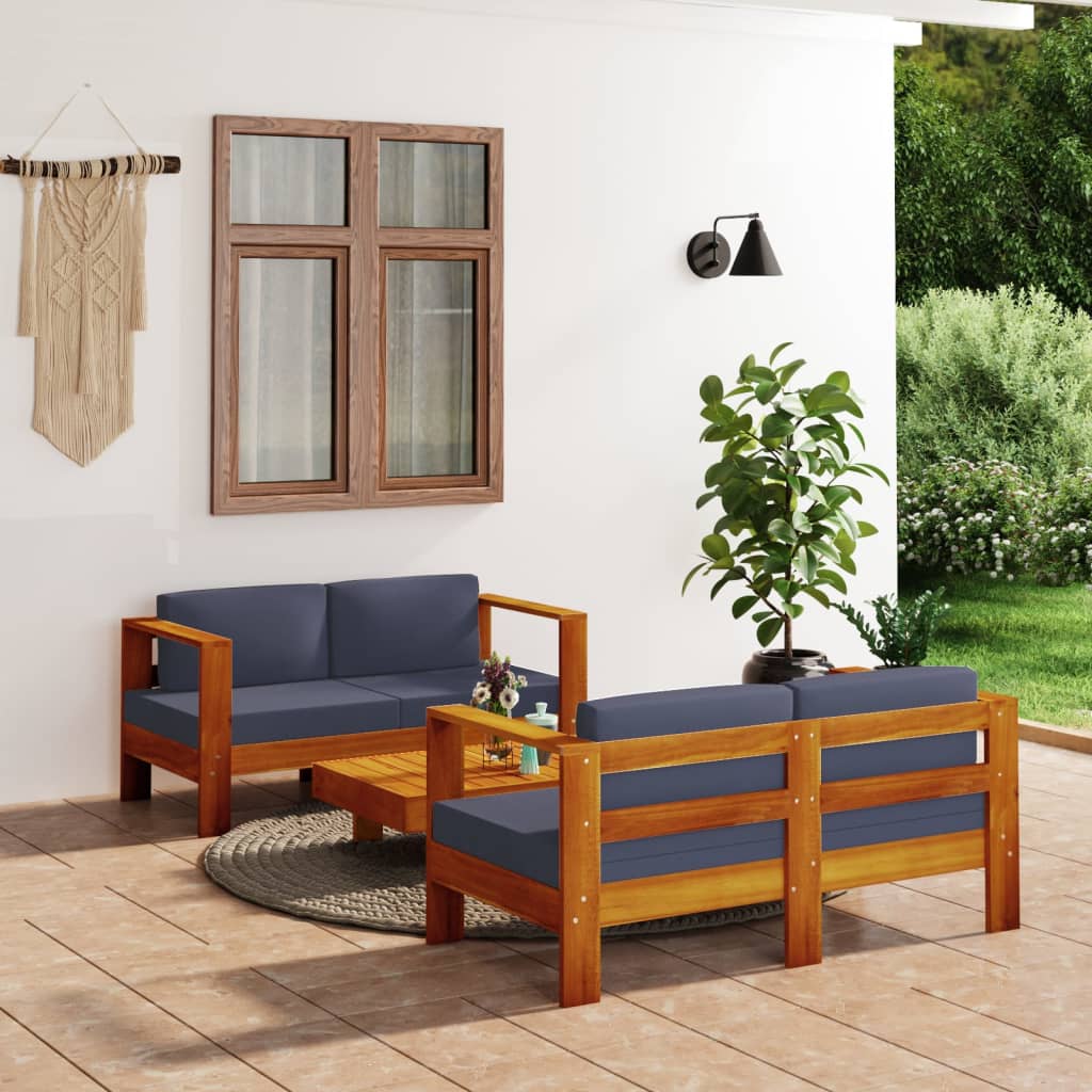 Vetonek Muebles de jardín madera maciza 3 pzas con cojines gris oscuro