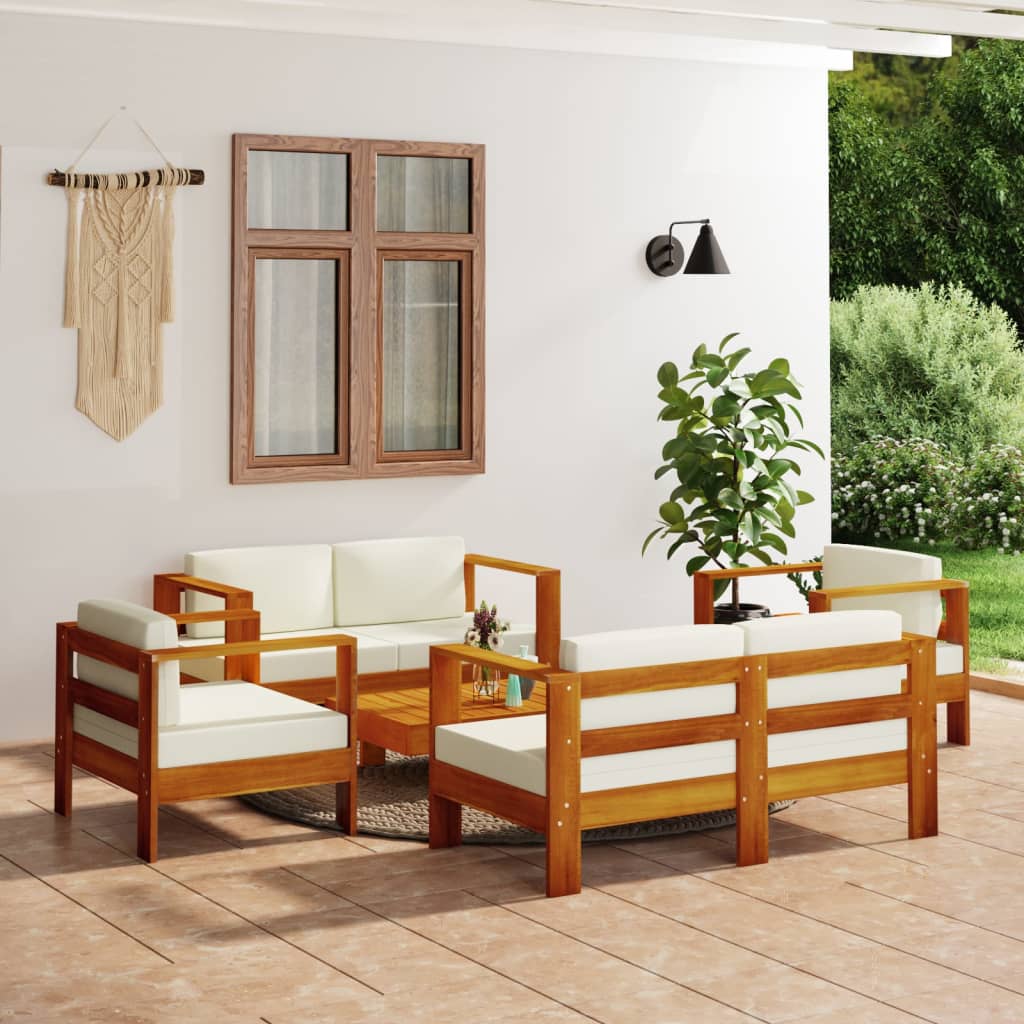 Vetonek Muebles de jardín madera maciza 5 pzas con cojines blanco crema