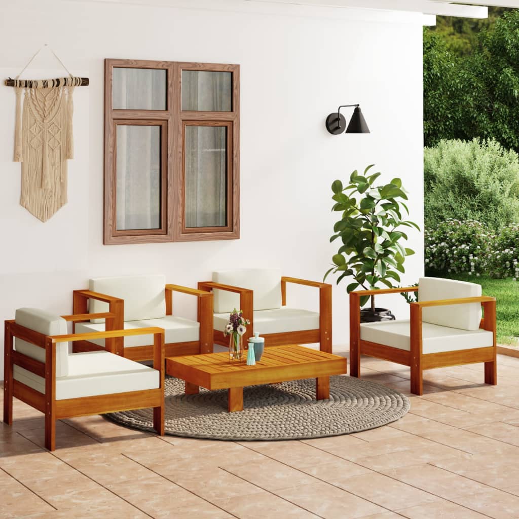 Vetonek Muebles de jardín madera maciza 5 pzas con cojines blanco crema