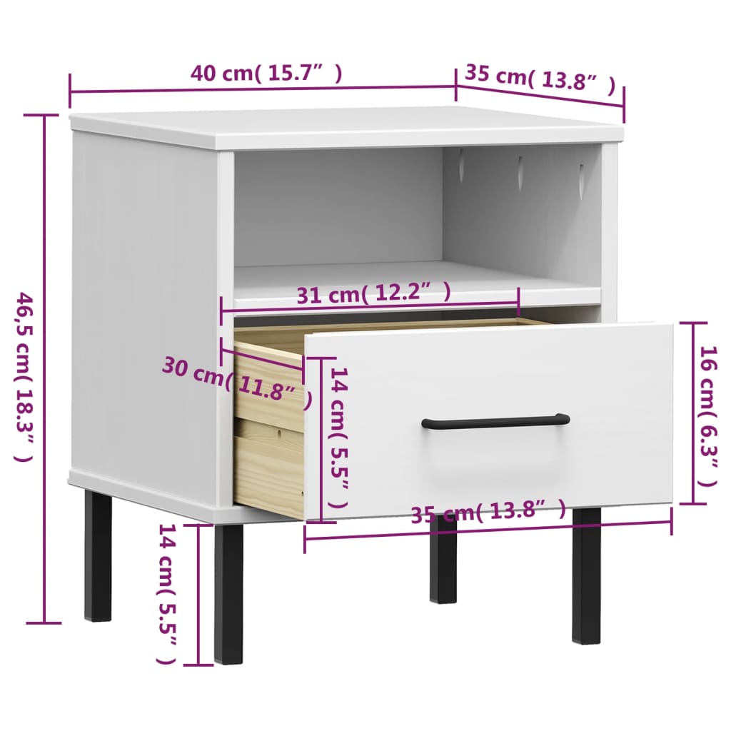 Mesita de noche patas de metal madera maciza pino blanca OSLO vidaXL