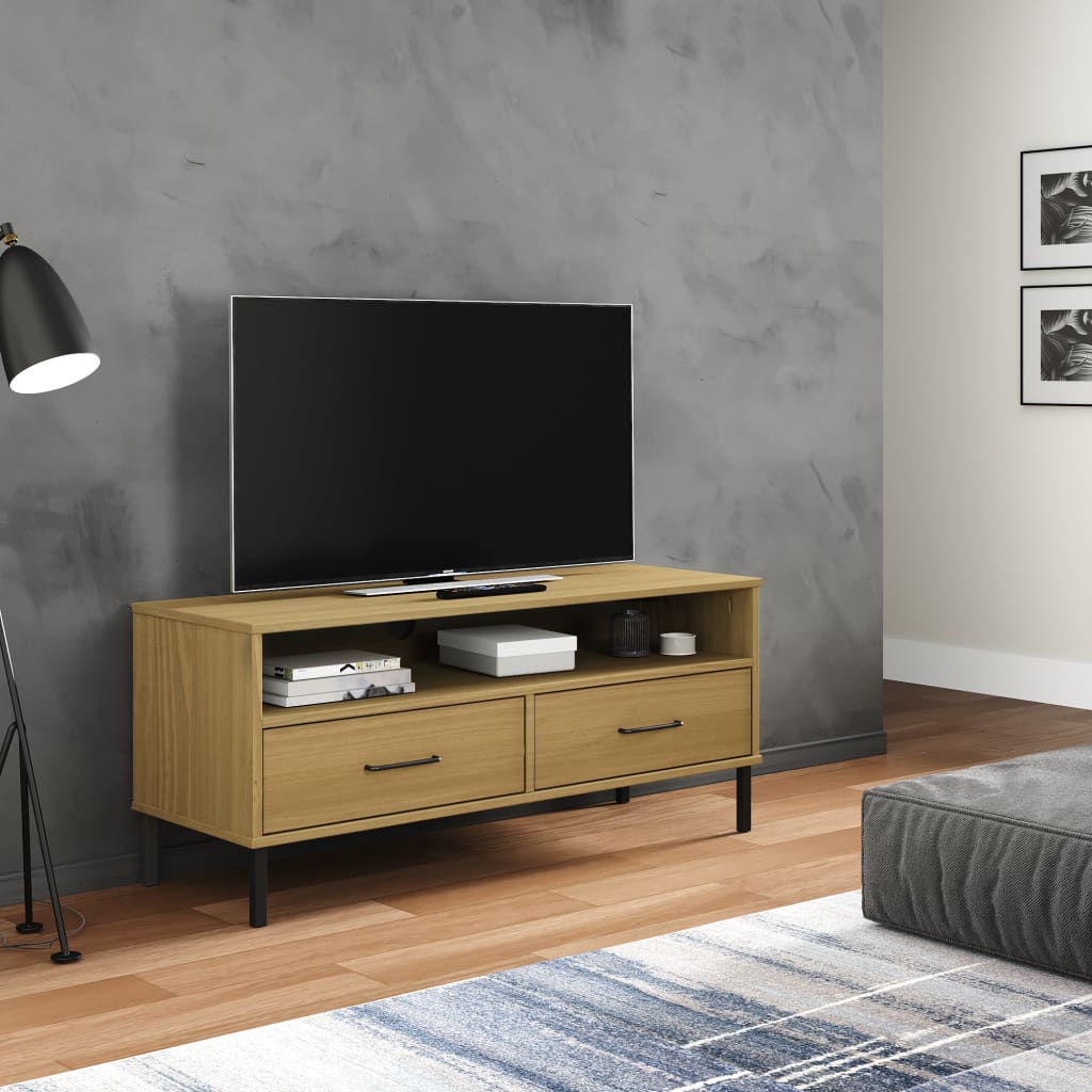 Vetonek Mueble de TV con patas de metal OSLO madera maciza pino marrón