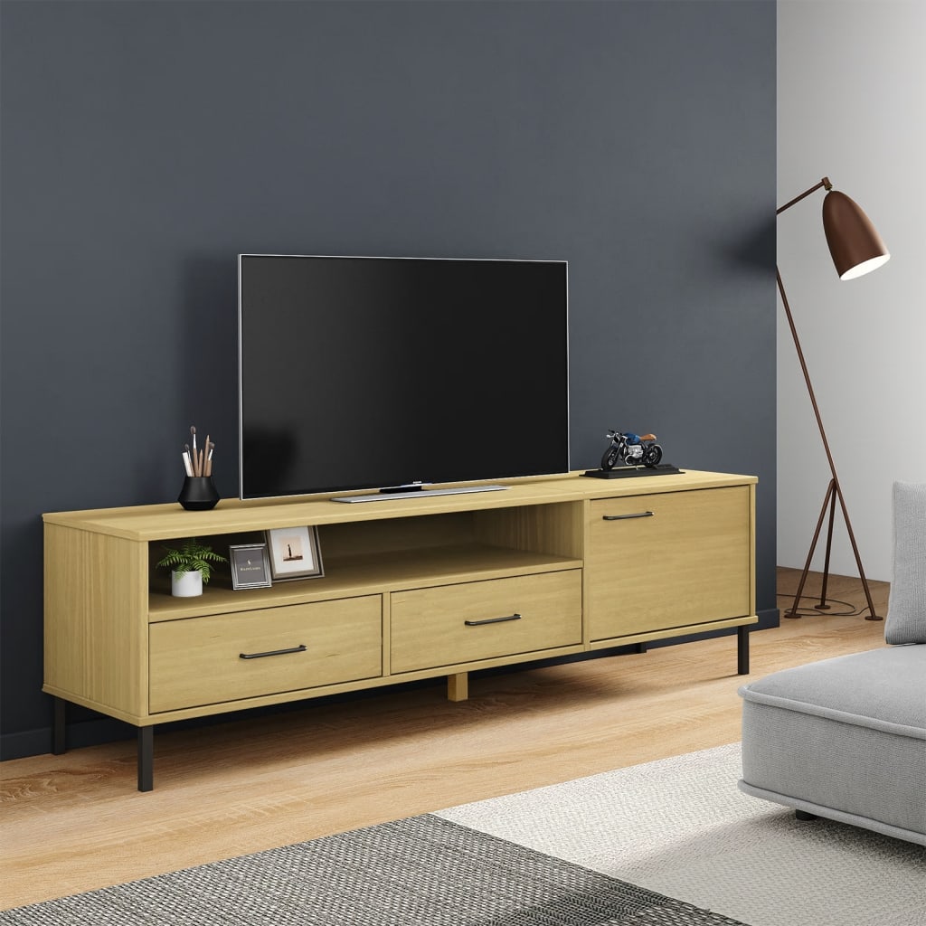 Vetonek Mueble de TV con patas de metal OSLO madera maciza pino marrón