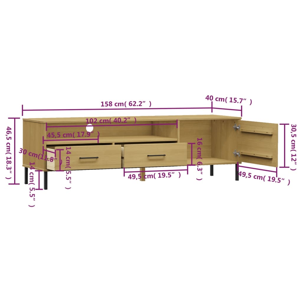 TV cabinet with metal legs Oslo Maciza Wood Brown Pine