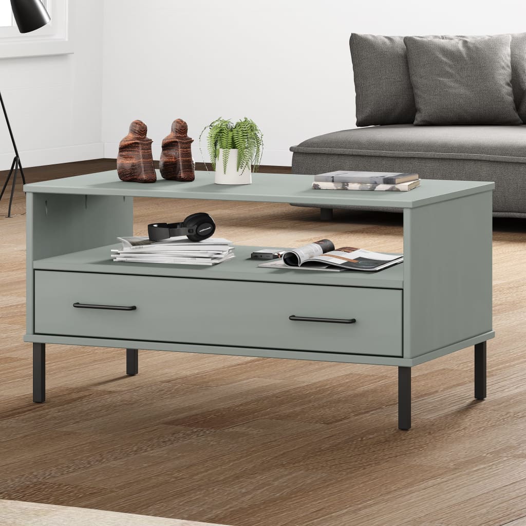 Vetonek Mesa de centro patas metal OSLO madera maciza gris 85x50x45 cm