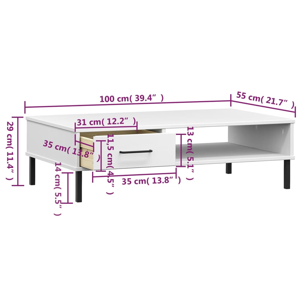 Mesa de centro patas de metal OSLO madera maciza pino blanco vidaXL