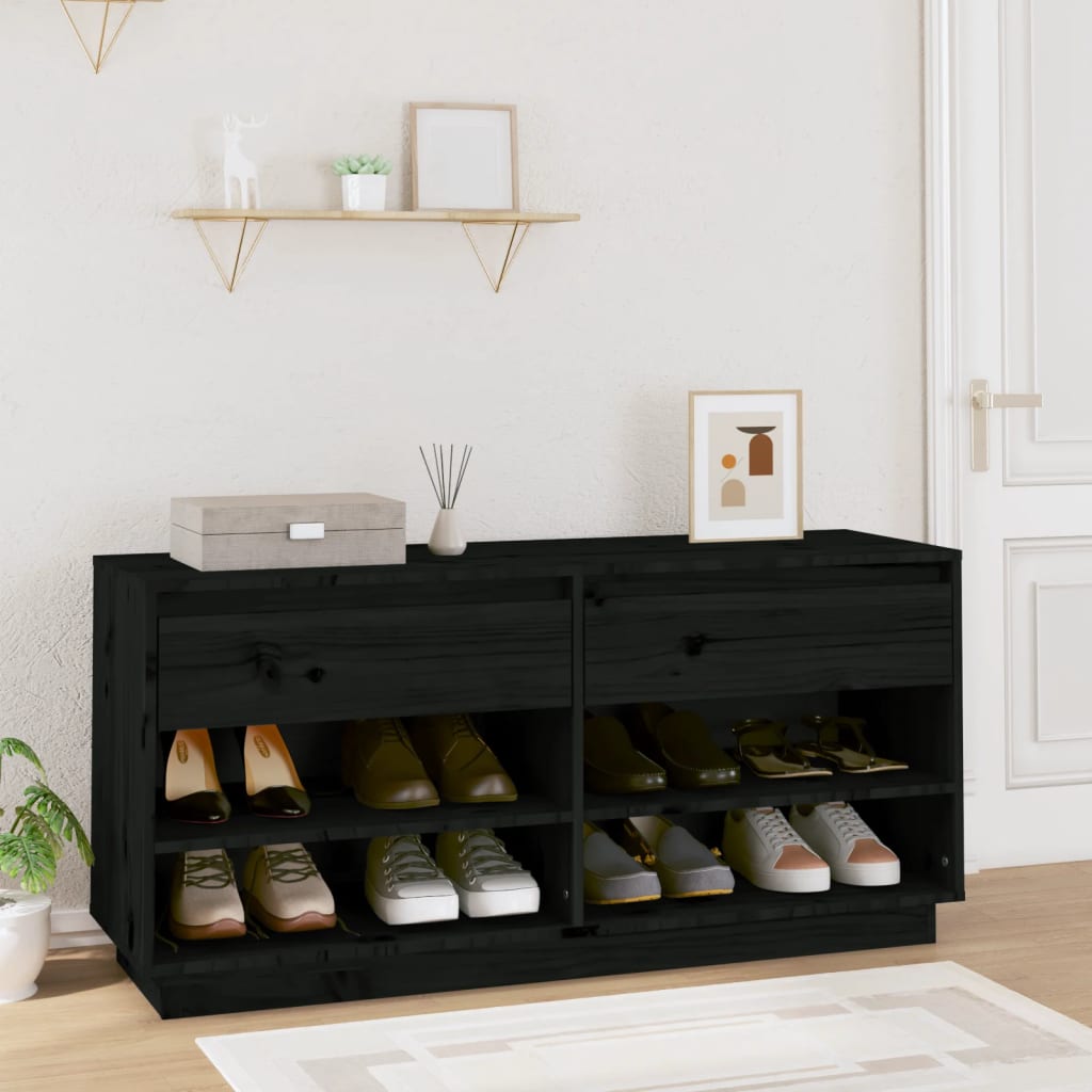 Vetonek Mueble zapatero de madera maciza de pino negro 110x34x52 cm