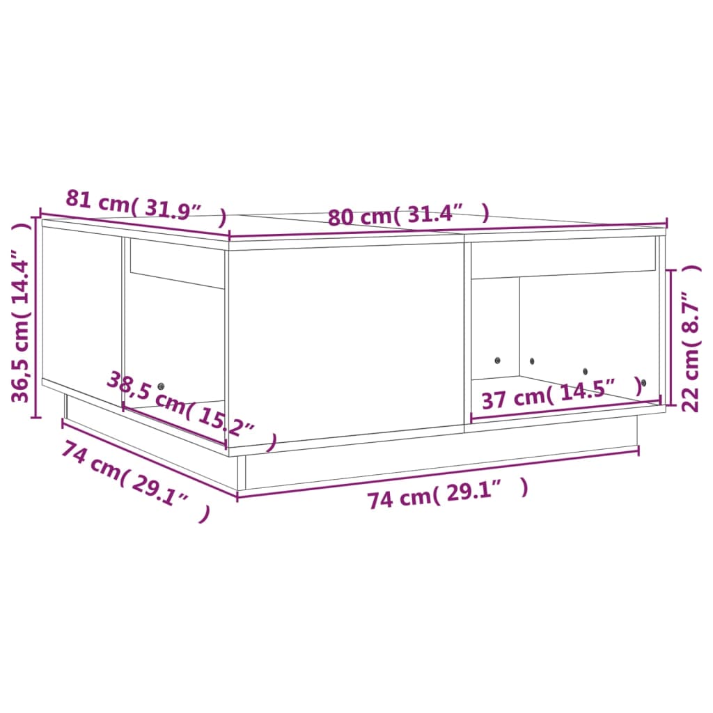 Mesa de centro madera maciza de pino 80x81x36,5 cm