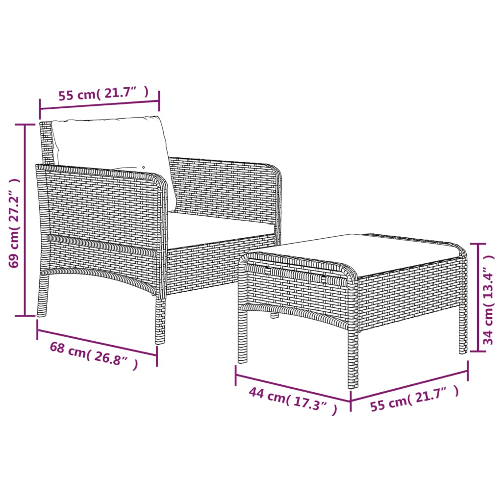 Set muebles de jardín 2 piezas y cojines ratán sintético marrón vidaXL