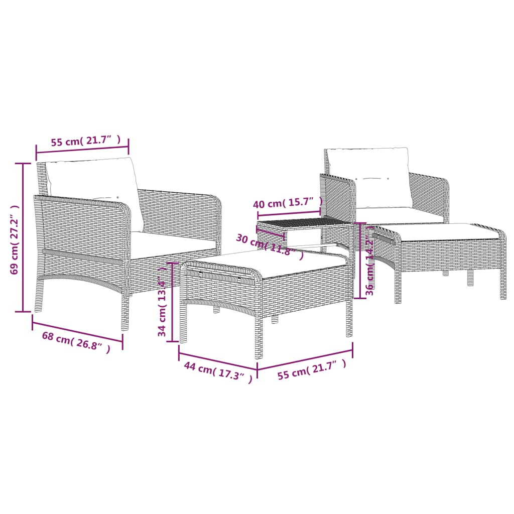 Set muebles de jardín 5 piezas y cojines ratán sintético marrón vidaXL