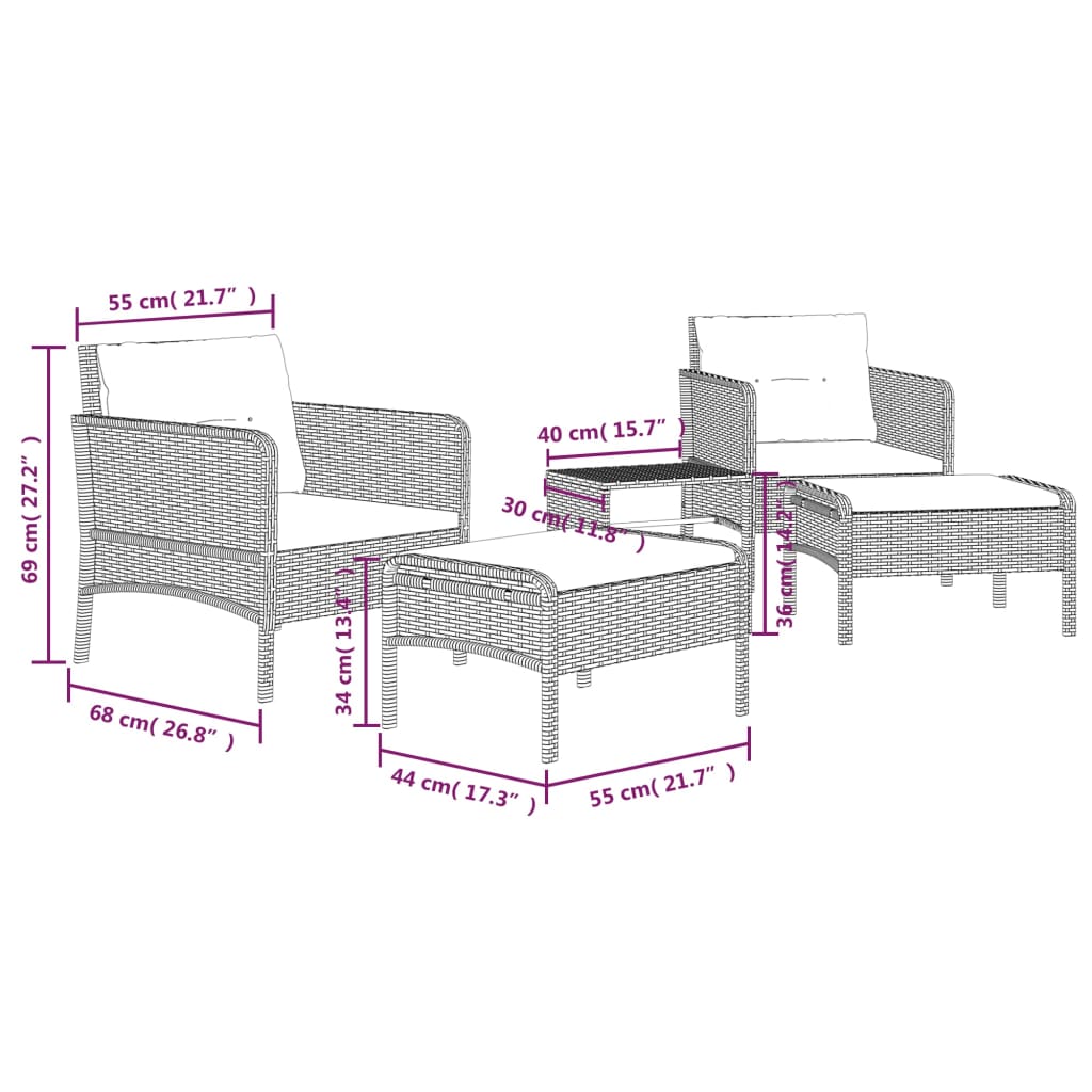 Set de muebles de jardín 5 pzas y cojines ratán sintético gris vidaXL