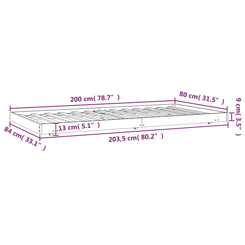 Black pine wooden bed structure 80x200 cm