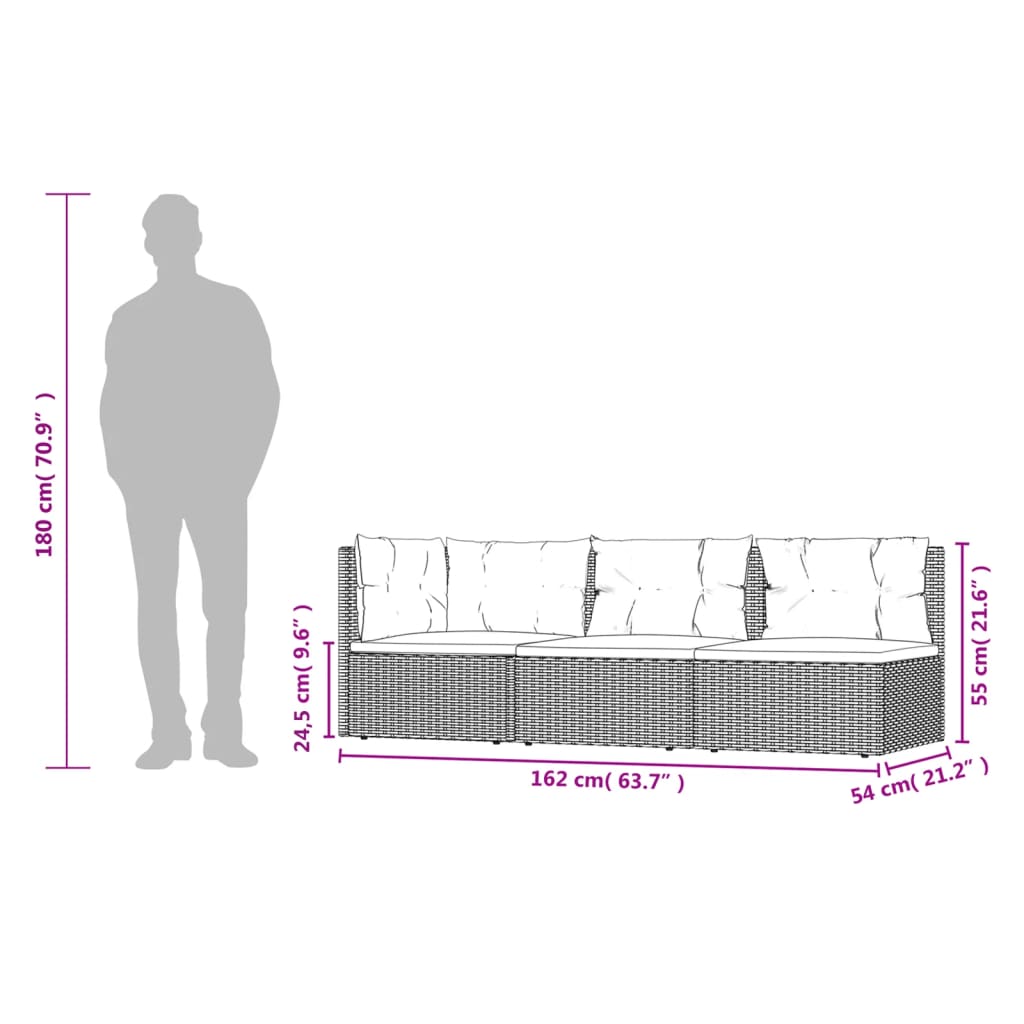 Set de muebles de jardín 3 pzas y cojines ratán sintético negro vidaXL