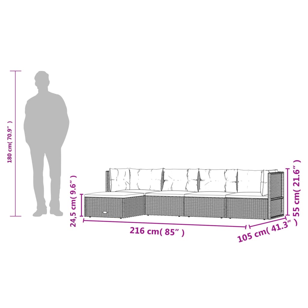 Set de muebles de jardín 5 pzas y cojines ratán sintético negro vidaXL