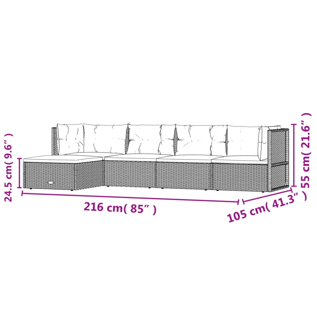 Set de muebles de jardín 5 pzas y cojines ratán sintético negro vidaXL