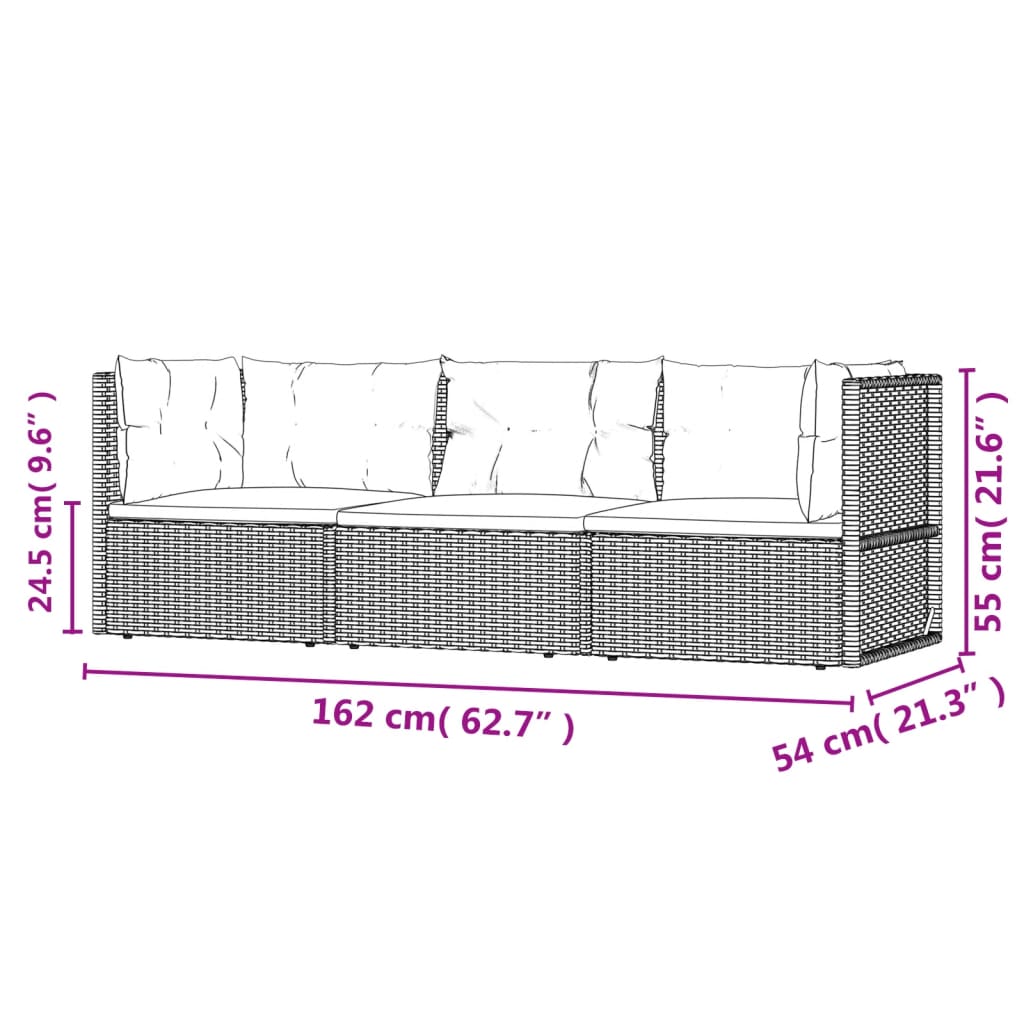 Set de muebles de jardín 3 pzas y cojines ratán sintético gris vidaXL