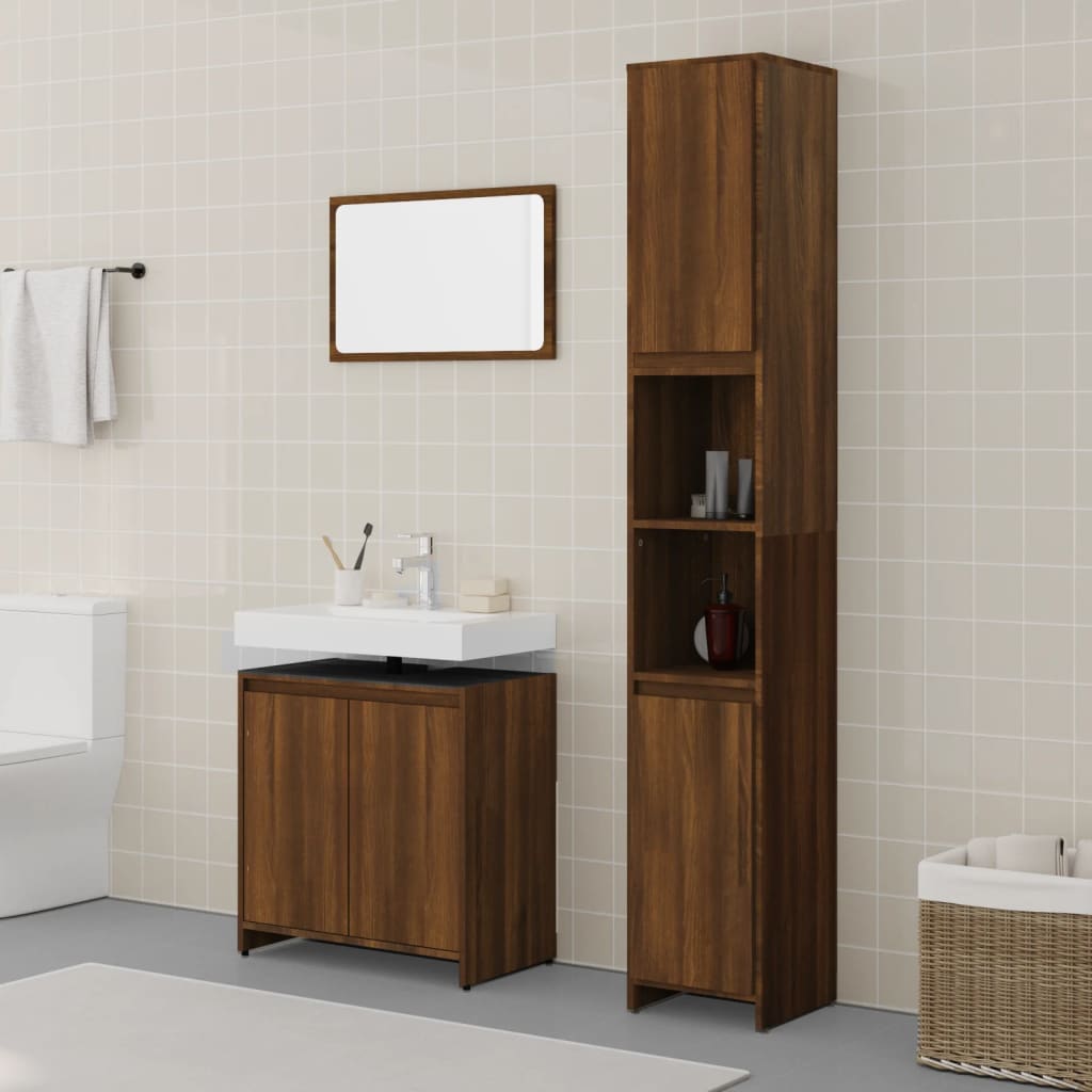 Vetonek Set de muebles baño 3 pzas madera contrachapada roble marrón