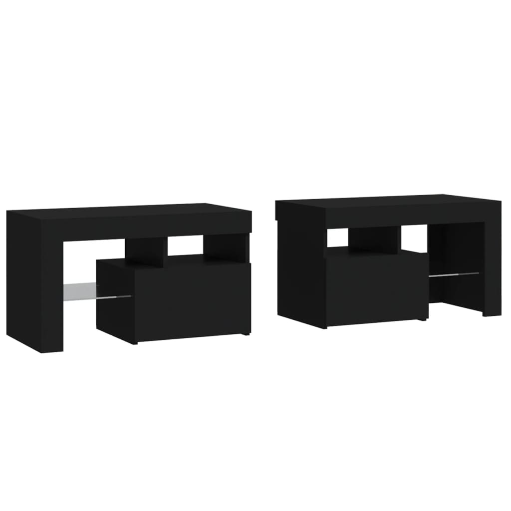 Mesitas de noche con luces LED 2 uds roble negras 70x36,5x40cm