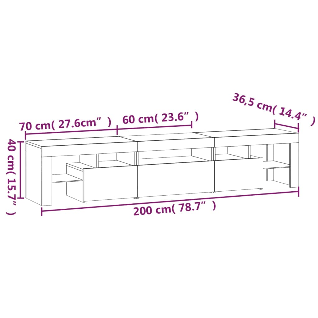 Mueble de TV con luces LED color roble ahumado 200x36,5x40 cm vidaXL