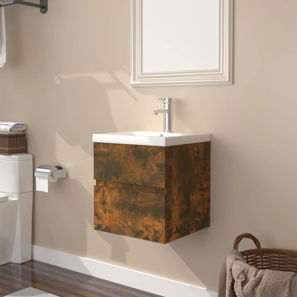 Vetonek Mueble de baño con lavabo madera contrachapada roble ahumado