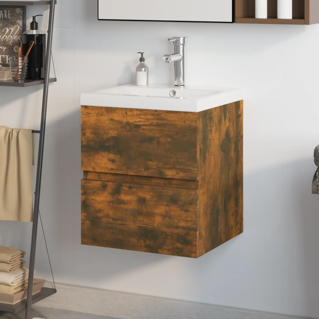 Vetonek Mueble de baño con lavabo madera de ingeniería roble ahumado