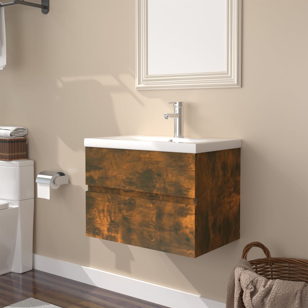 Vetonek Mueble de baño con lavabo madera contrachapada roble ahumado