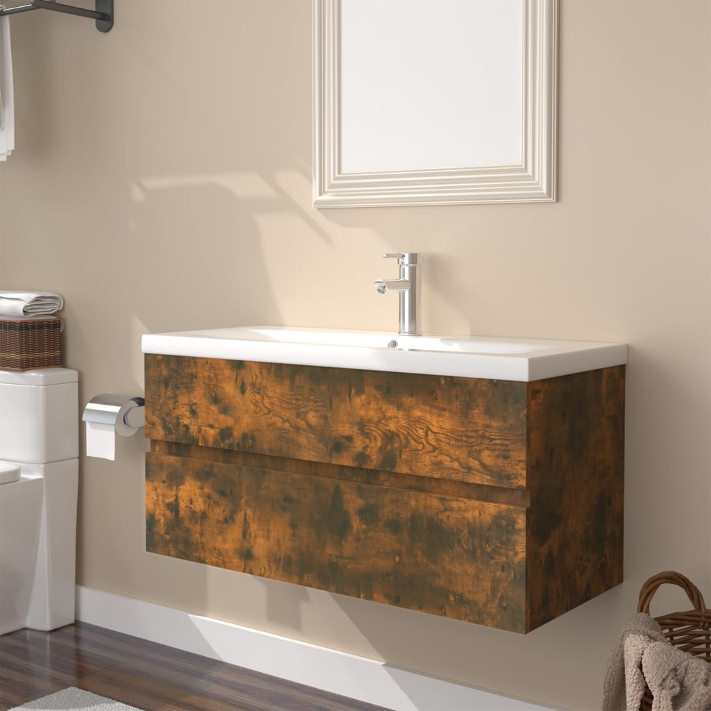 Vetonek Mueble de baño con lavabo madera contrachapada roble ahumado