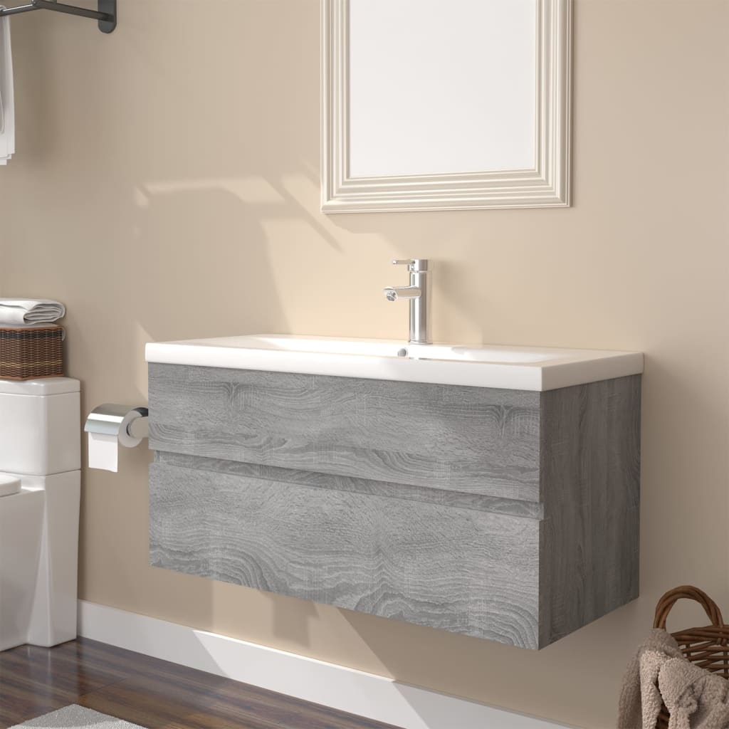 Vetonek Mueble de baño con lavabo madera contrachapada gris Sonoma